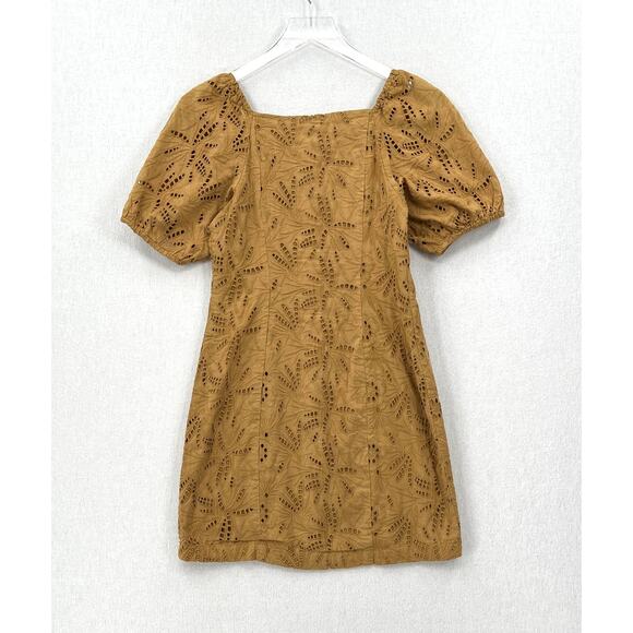 FREE PEOPLE Daniella Mini Dress Women 0 Taupe Embroidered Eyelet Puff Sleeve NEW - Picture 3 of 14